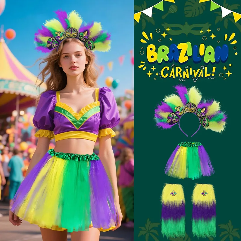 

3pcs/set Carnival Costume Set Sequins Feather Headband Skirt Leg Sleeves for Masquerade Ball Party Decor Accessories