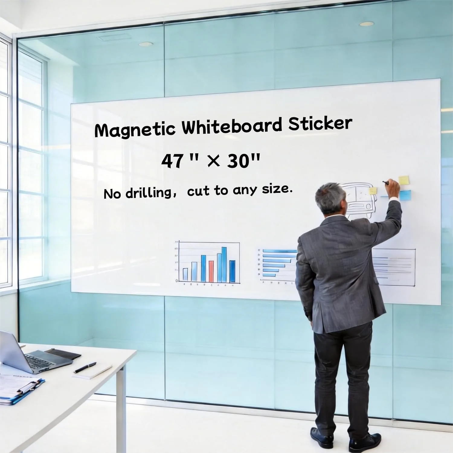 

Large Magnetic Dry Erase Whiteboard 47"x30" Self-Adhesive Flexible Wall Board for Home Office, Kids Room, No Ghosting
