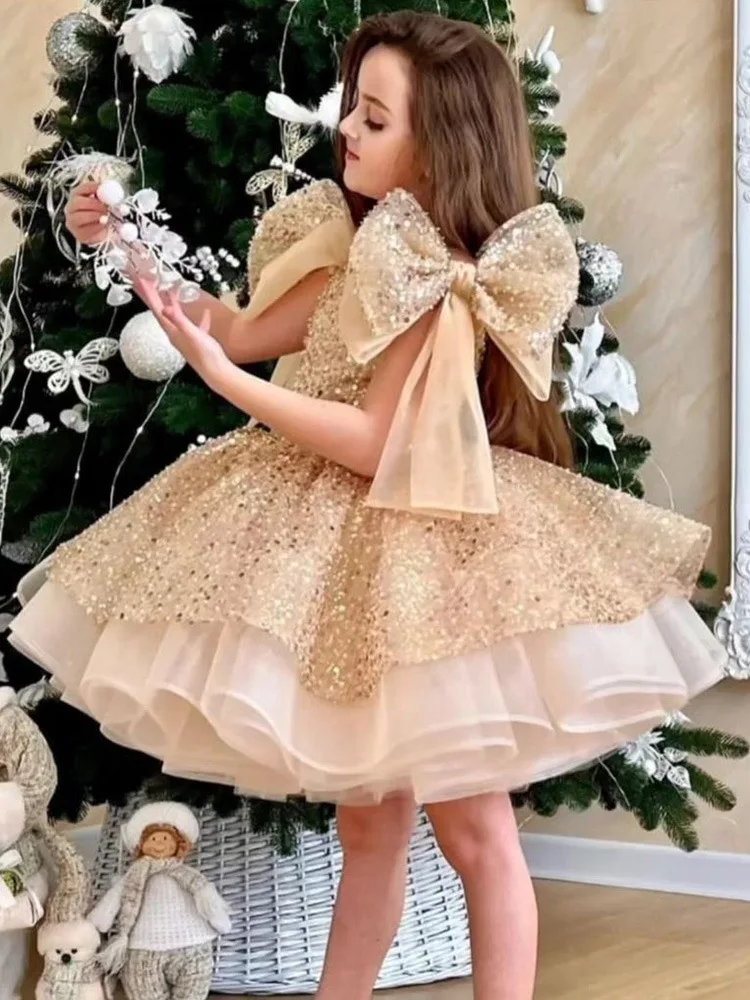 Robes de soirée moelleuses pour filles, tutu à plusieurs niveaux, robe à fleurs en tulle pailmétrage, grand nœud, luxe, enfant, fille, 2024