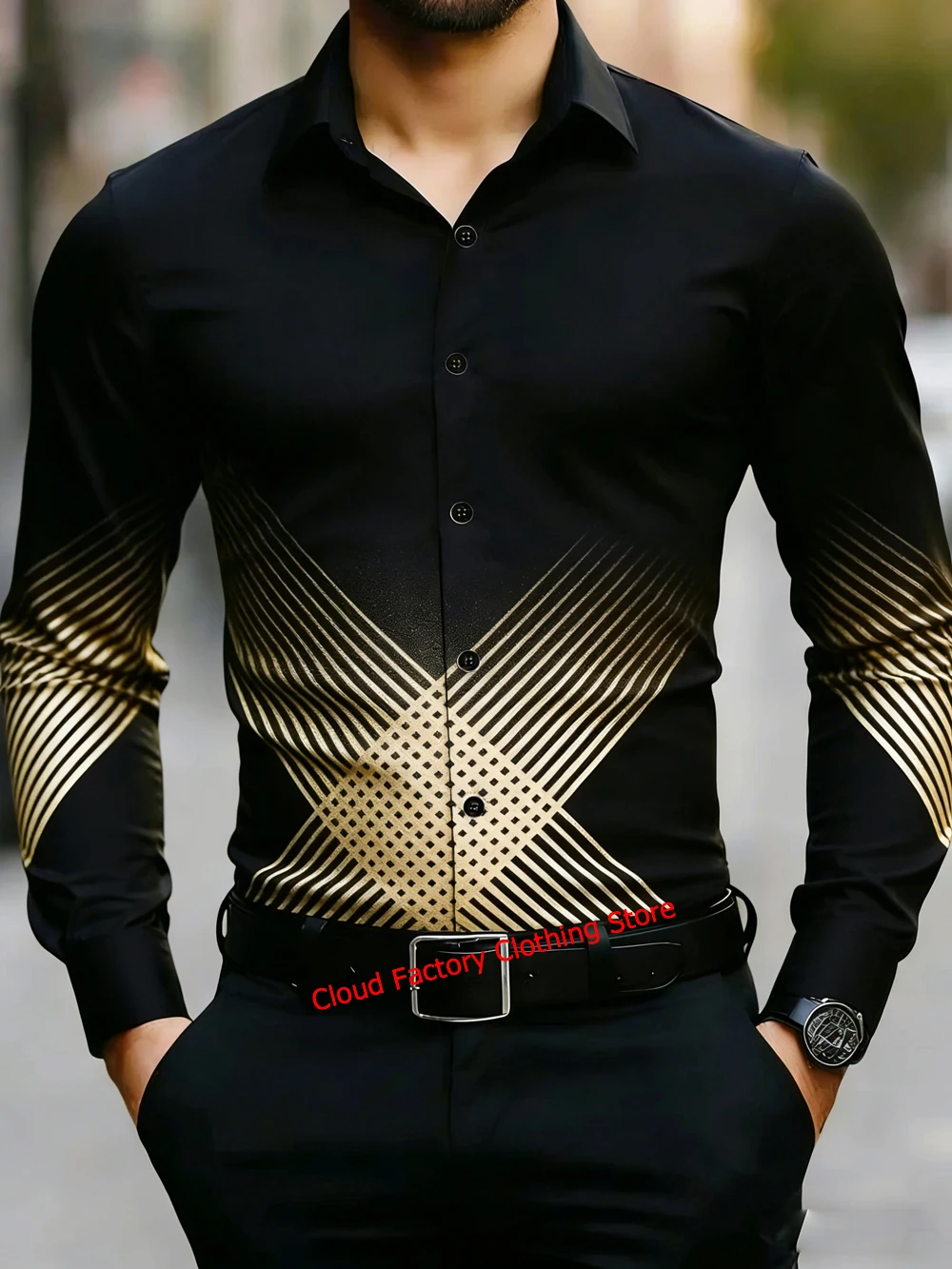 2026 summer fashion new long-sleeved shirt high-definition line 3D printing dark shirt casual business social men's clothing