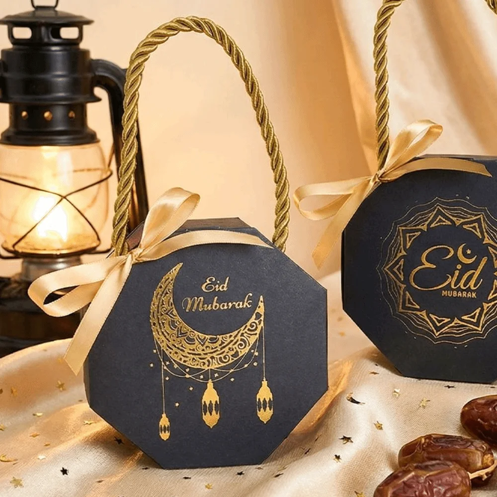 

10Pcs Satin Ribbon Bow Eid and Ramadan Gift Boxes Gold Stamping Portable Eid Gift Box Simple DIY Gift Packaging Bags