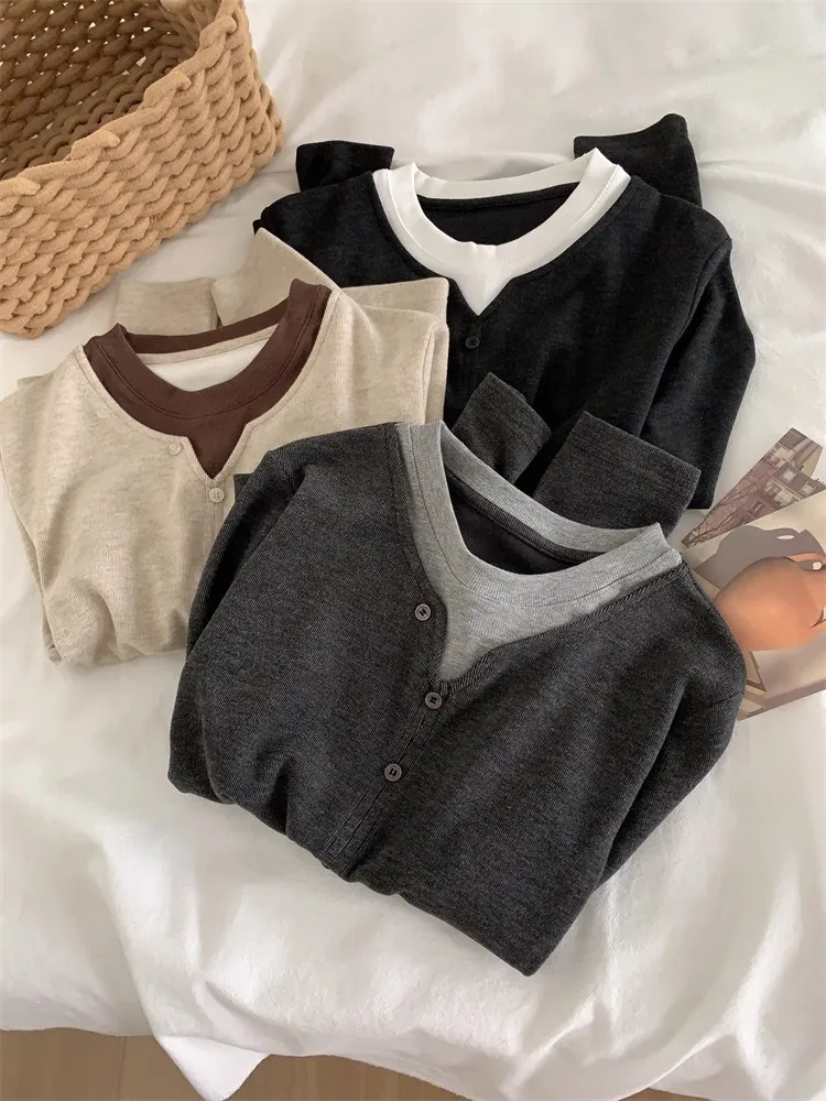 

Extra Large 300 Pou Single Button Fake Two-Piece Long Sve T-irt Women Spring Autumn Color Blo Floing Overhead irt