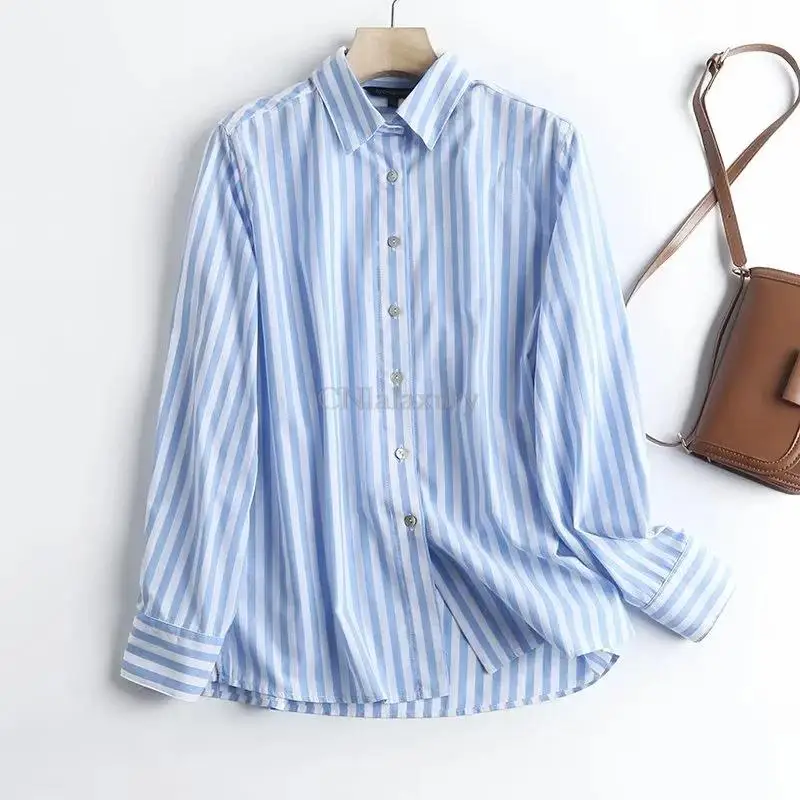 Women Summer Blouses Office Lady Tops Striped Button Up Long Sleeve Shirt Female 2023 New Spring Korean Fashion Blousas Mujer