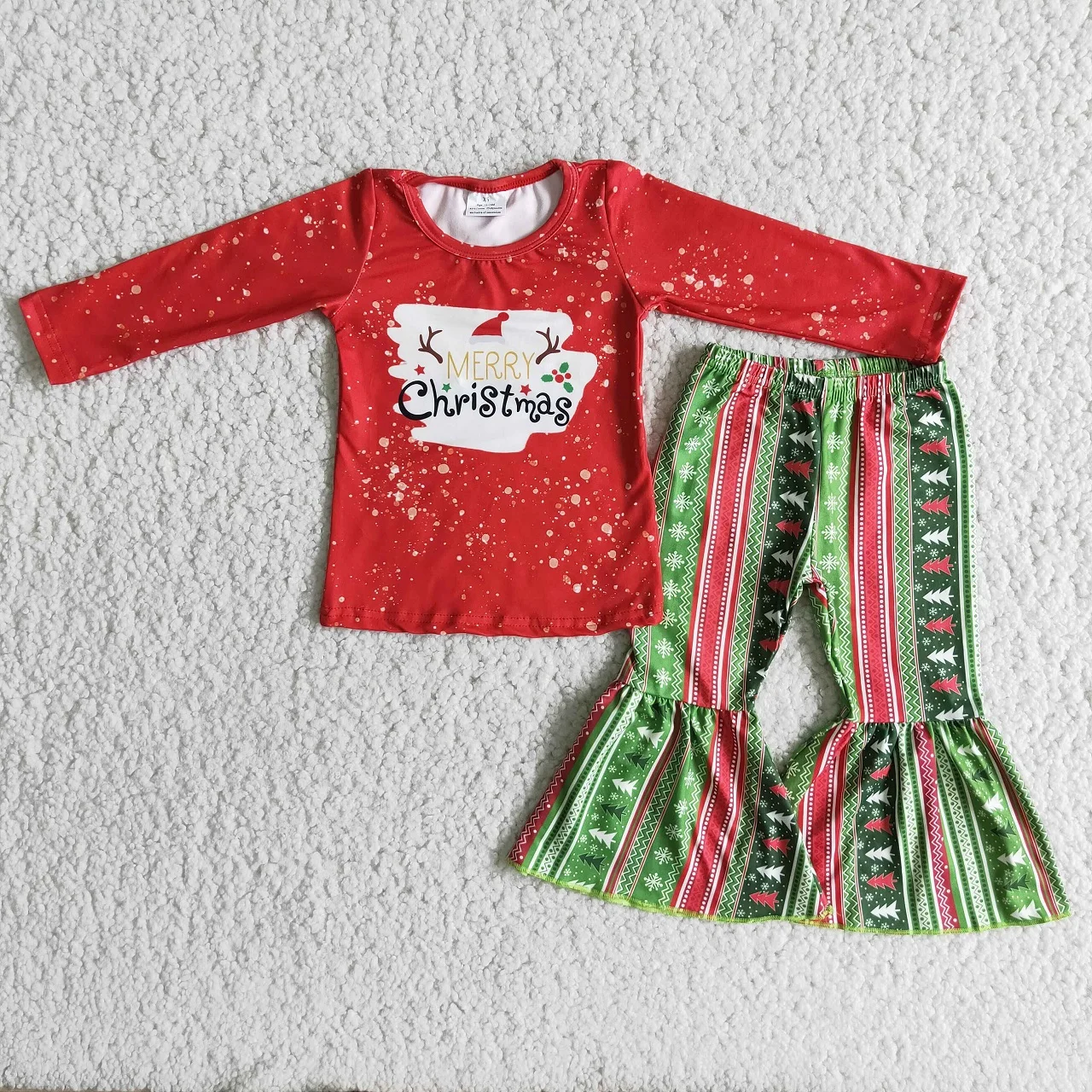 Wholesale Baby Girl Red Long Sleeves Christmas Shirt Toddler Set Kids Outfit Children Tree Bell Pants Clothing