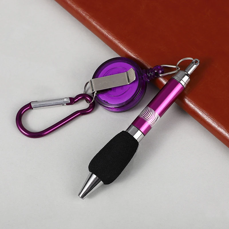 1pc Retractable Badge Reel Ballpoint Pen Belt Clip Key Chain With Carabiner Key Ring Lanyard Pen Gift Stationery Writing Tools