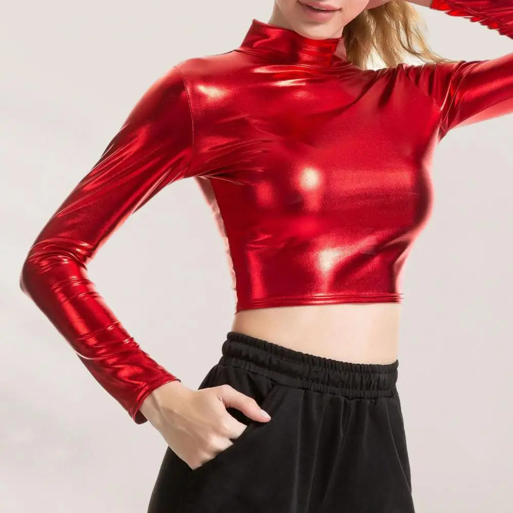 Skinny Glossy Women Crop Top High Collar Long Sleeve Show Navel T-shirt Sexy Nightclub Performance Crop Top Performance Crop Top