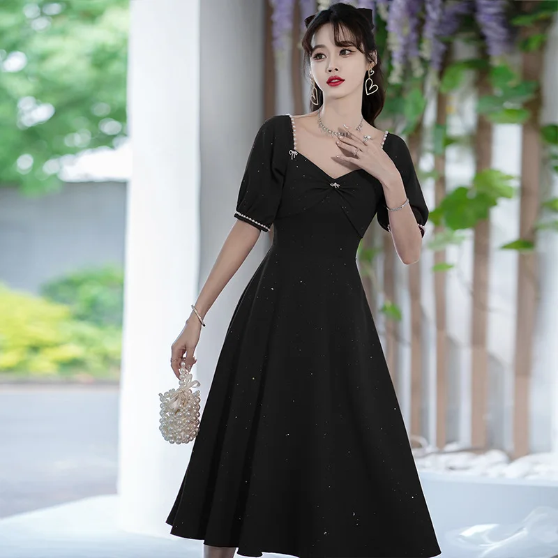 Moda quadrado pescoço vestido de festa de formatura roupas verão feminino vintage elegante manga curta uma linha vestido de noite