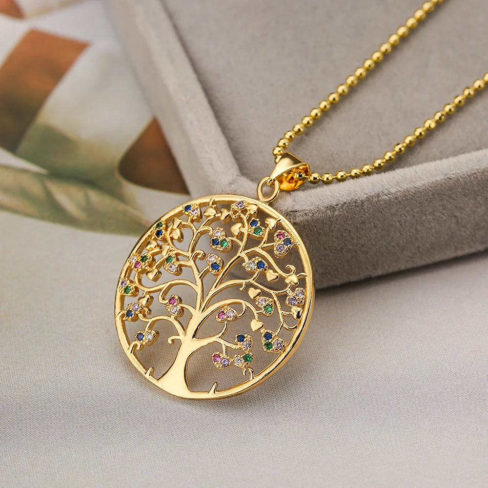 NEWBUY Trendy Gold Color Hollow Design Life Tree Pendant Stainless Steel Chain Necklace AAA Cubic Zirconia Jewelry Femme Bijoux