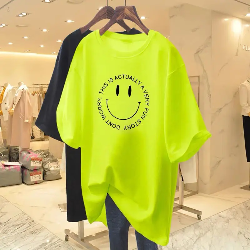 Women\'s Fashion Loose Pure Cotton Smiling Face Short Sleeved T-shirt Summer New Fashion Versatile Basic Top Tees