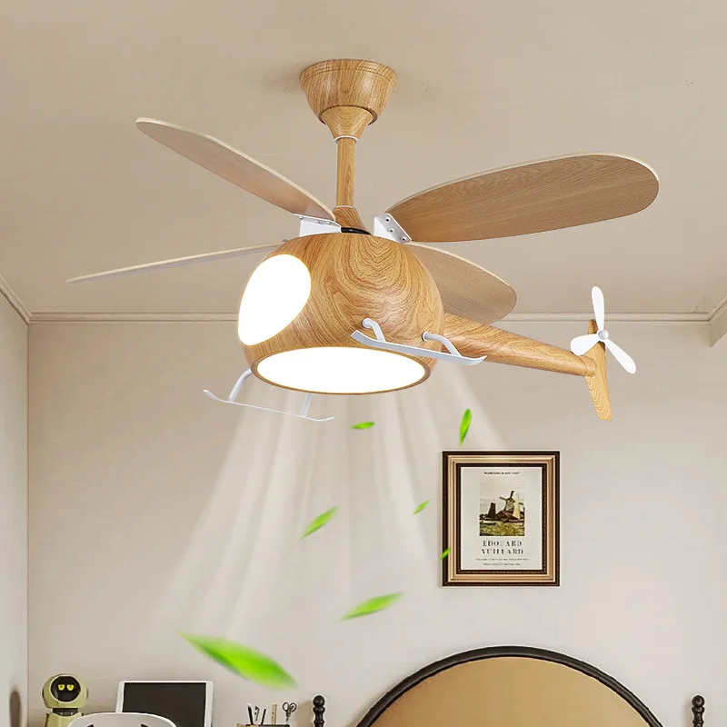 Kinder-Cartoon-Holzhubschrauber-Ventilator mit LED-Flugzeug-Deckenventilatorbeleuchtung, Hochleistungs-Deckenventilatorlampe für Jungen und Mädchen