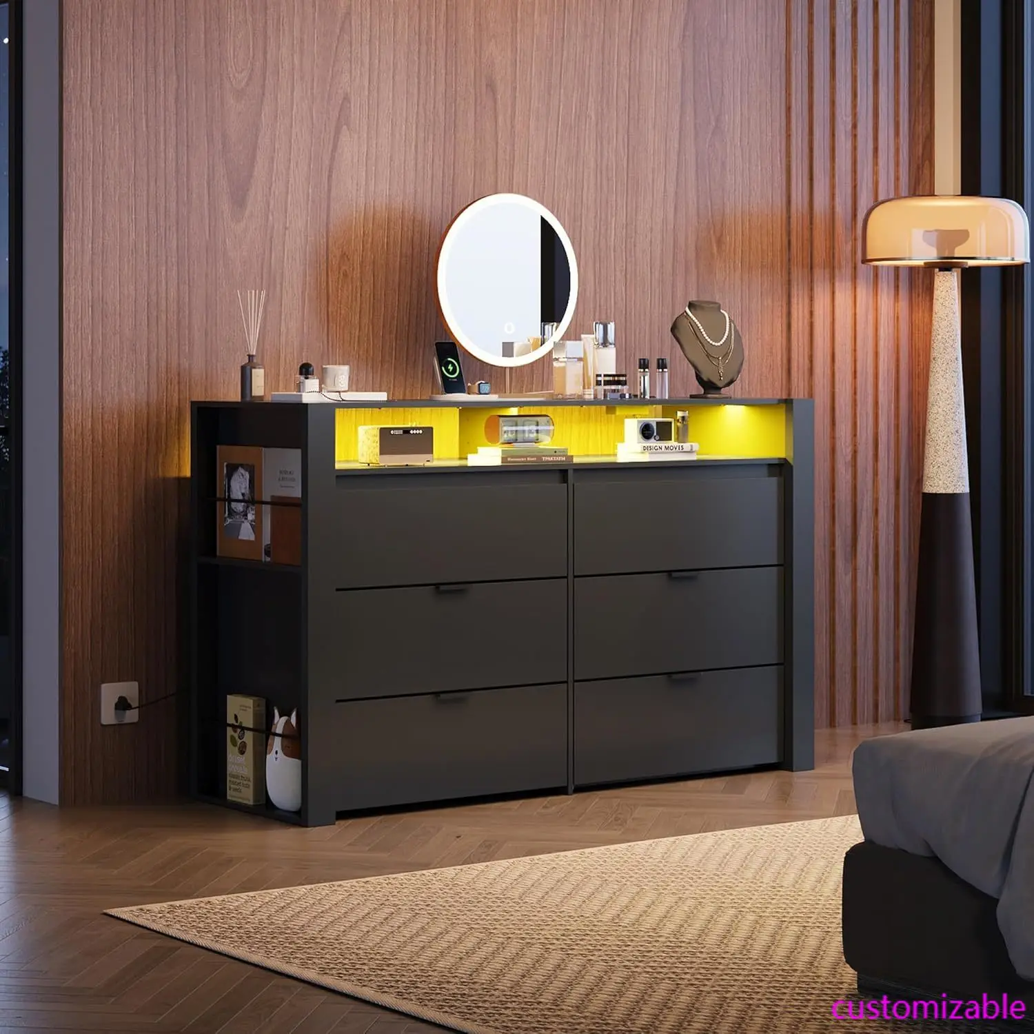 6 Drawer LED Dresser for Bedroom, 50.79'' Black Wood Dresser Storage
