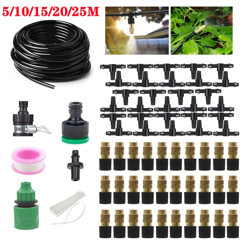 

5-30M Greenhouse Outdoor 1/4 Brass Atomizer Misting Cooling System Garden Irrigation Watering Nozzles 4/7mm Hose for Patio