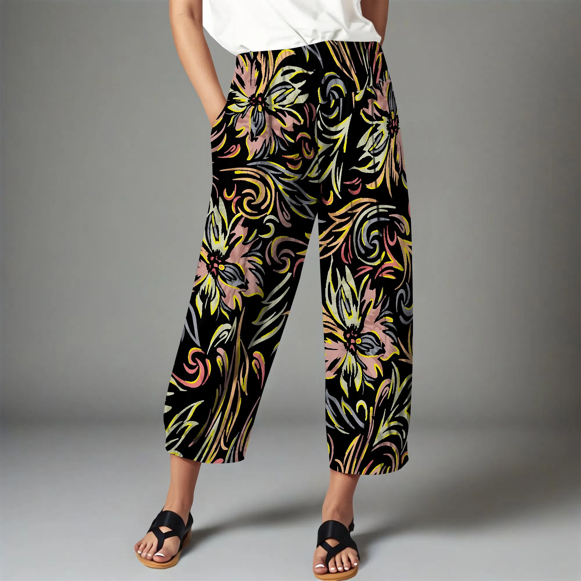 

Nupusa Floral Scroll Print Pants for Women Regular Size Summer Casual High - Waist Cropped Pants