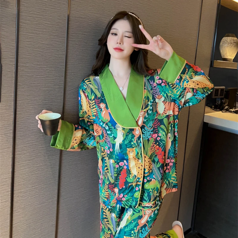 Print Animal Flower V-neck Luxury Pajamas Set for Women Autumn New Casual 2024 Home Suit Nightwear All-match Soft Korean Pajamas