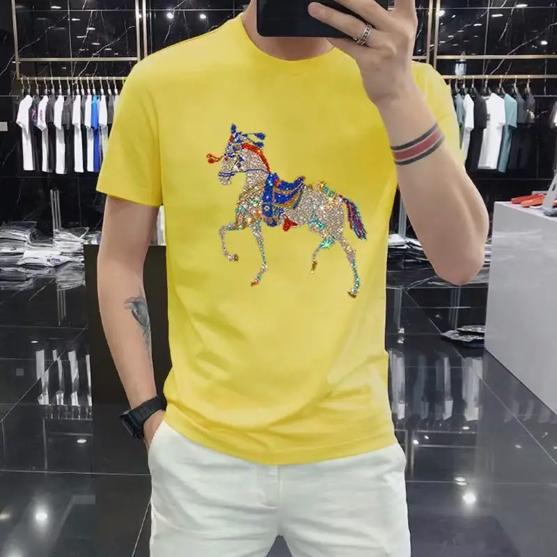 Fashion Bright Diamond Horse Short Sleeve T-shirt For Men and Women, Trendy Versatile Somfortable Casual Wear Crew-neck Top