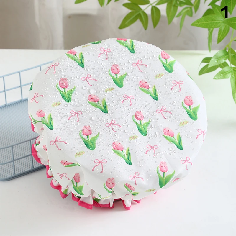 

Flower Pattern Double Layer Shower Cap Waterproof Reusable Printed Bath Hair Bonnet For Women Ladies Spa Salon Home Travel Use