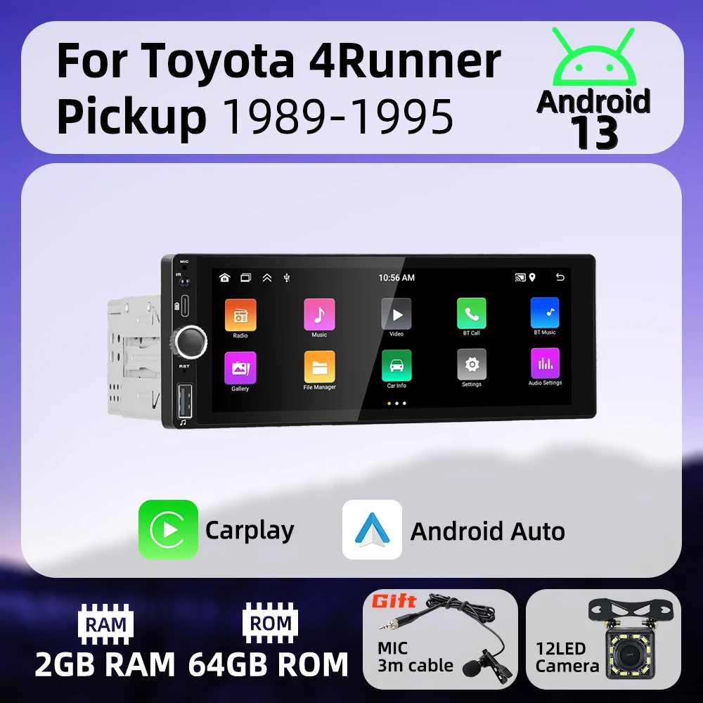 

1Din Carplay Android Auto Радио Android Автомобильный Мультимедиа для Toyota 4Runner Пикап 1989-1995 6,86 "Экран Стерео головное устройство