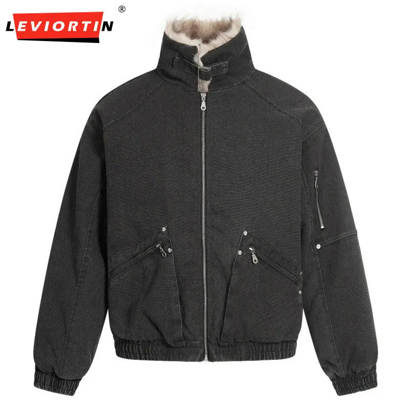 سترة رجالية عصرية متعددة الاستخدامات فضفاضة بجيب كبير وسحاب وتصميم سميك من القطن معطف فاسق بياقة نصف ارتفاع وسترة عمل #1