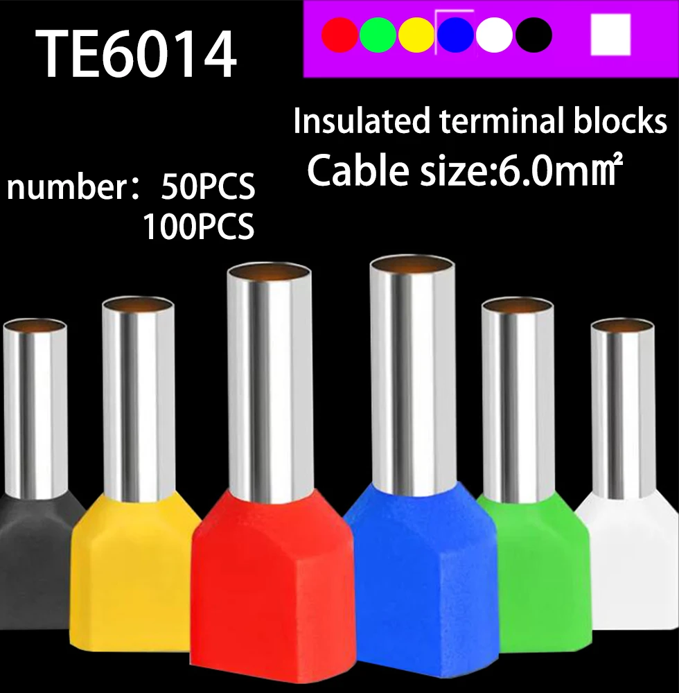 TE6014 Izolowane końcówki kablowe TWIN CORD do kabli 6.0mm², złącza przewodów, tulejki izolacyjne, 50/100 sztuk/opakowanie