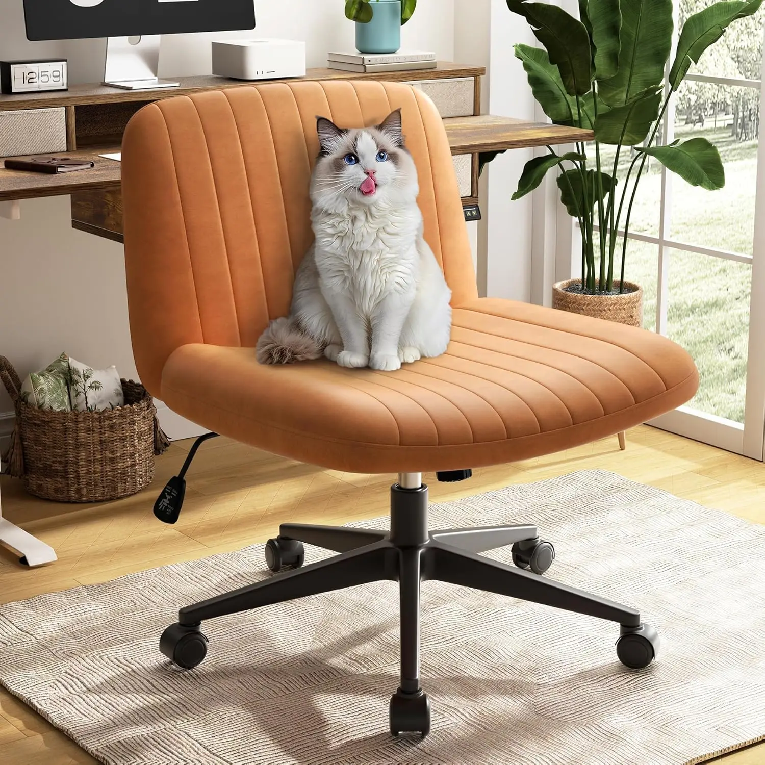 

Cross Legged Office Chair With Wheels, Arml Wide Chair'S For Vanity Desk, Criss Cross Comfy Chairs With Back, Desk Chair/S Of
