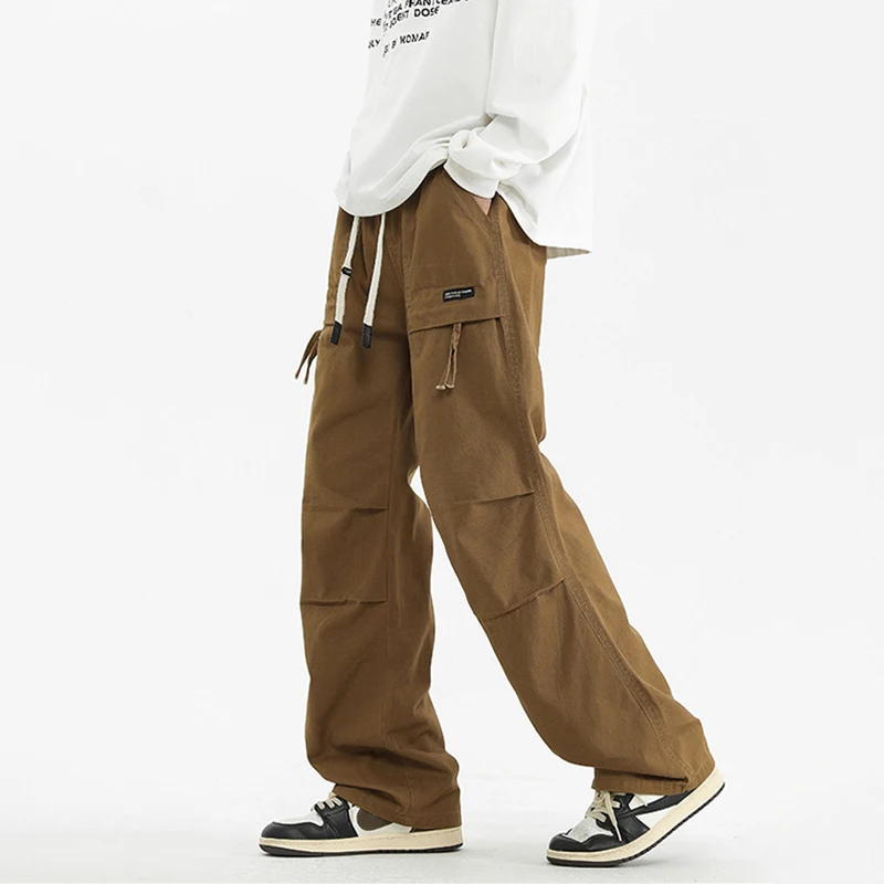 

Men Chic Muti-Pocket Paratrooper Pants Loose Versatile Casual Straight Trousers Male Spring Fall Street Drawstring Cargo Pants