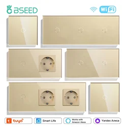 BSEED Wifi 1/2/3Gang Wall Touch Switches 1/2/3Way Plus Power Sockets Tuya Smart Life Alice Control Glass Panel EU Standard