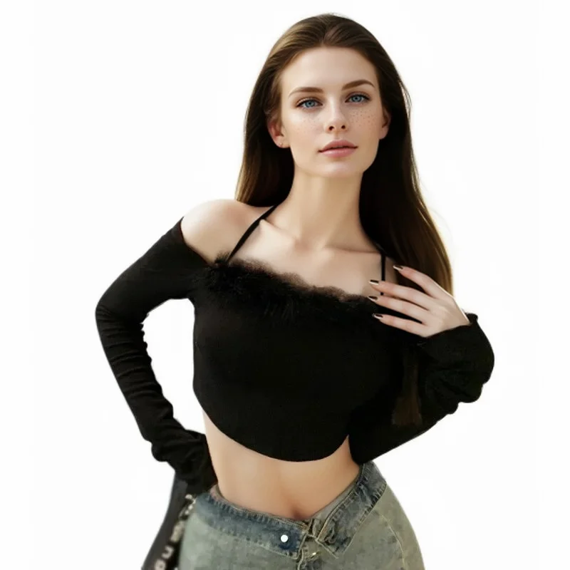 Women Sweater Off Shoulder Lint Irregular Expose Navel Knitted Long Sleeves Top Spring Solid Color