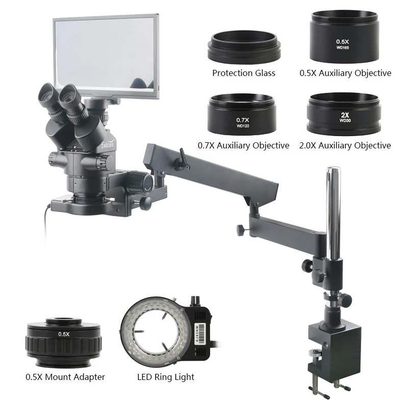 7X45X Simul Focal Trinocular Stereo Microscope 11.6 inch LCD Monitor Video Camera Articulating Arm Pillar Clamp +144 LED Light