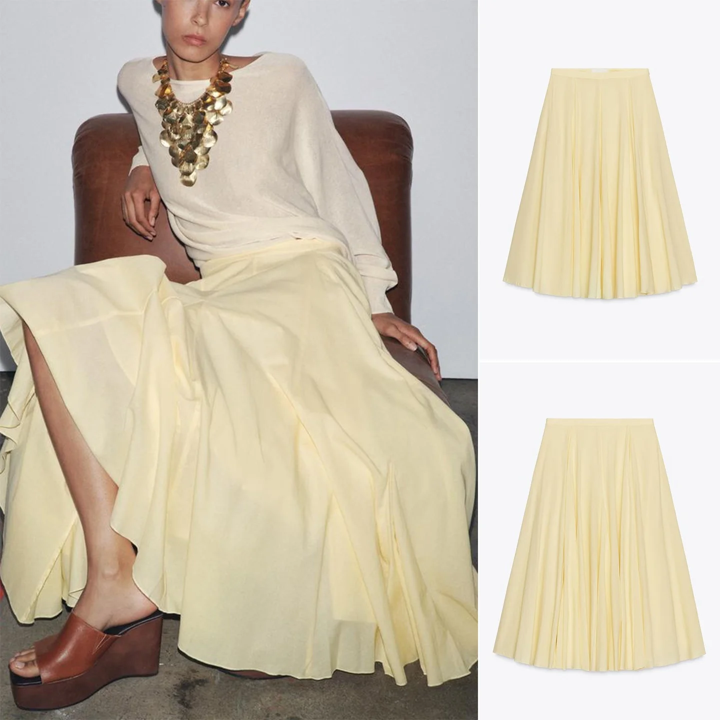 New 2025 Autumn Gored Design A-Line Layered Cotton Blend Midi Skirt Wide Hemline Casual Polyester Fiber mid Waist Skirt