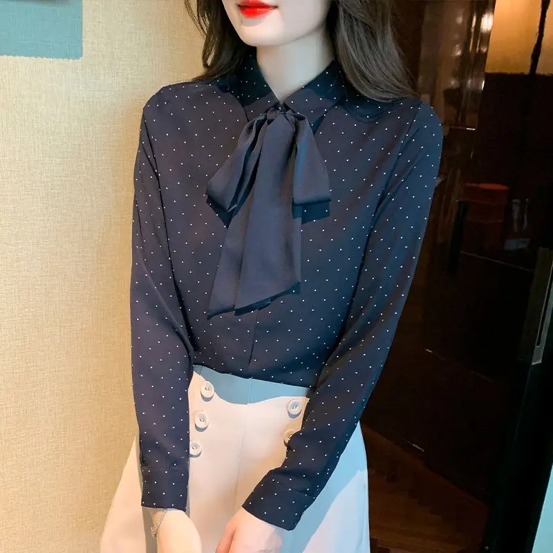 Fashion Bow Lacing Polka Dot Blouse Spring New Long Sleeve All-match Print Office Loose Shirt Tops Elegant Vintage Women Clothes