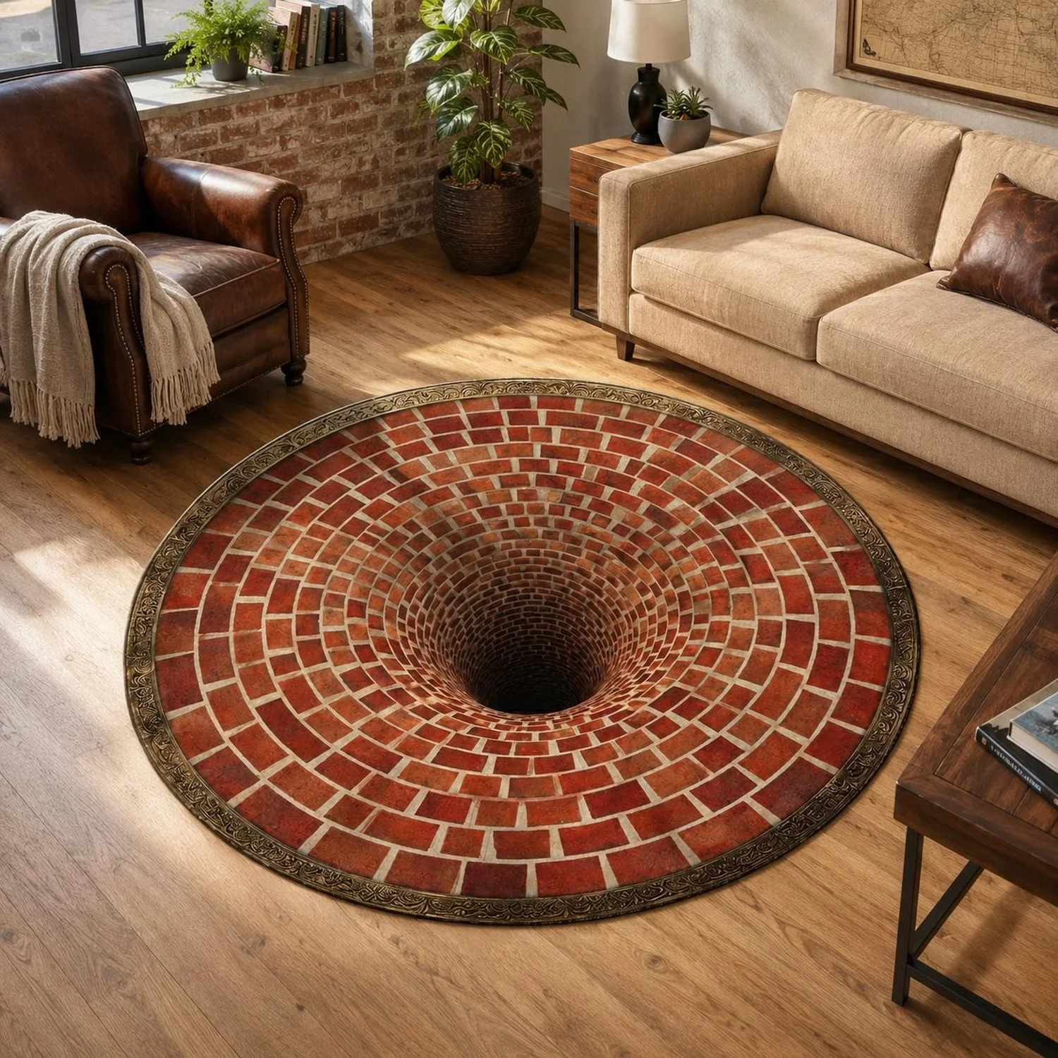 3D Brick Hole Round Carpet, Optical Illusion Carpet, Red Brick Swirl Floor Decoration, Fun Slogan Carpet with No Hole in the Bottom