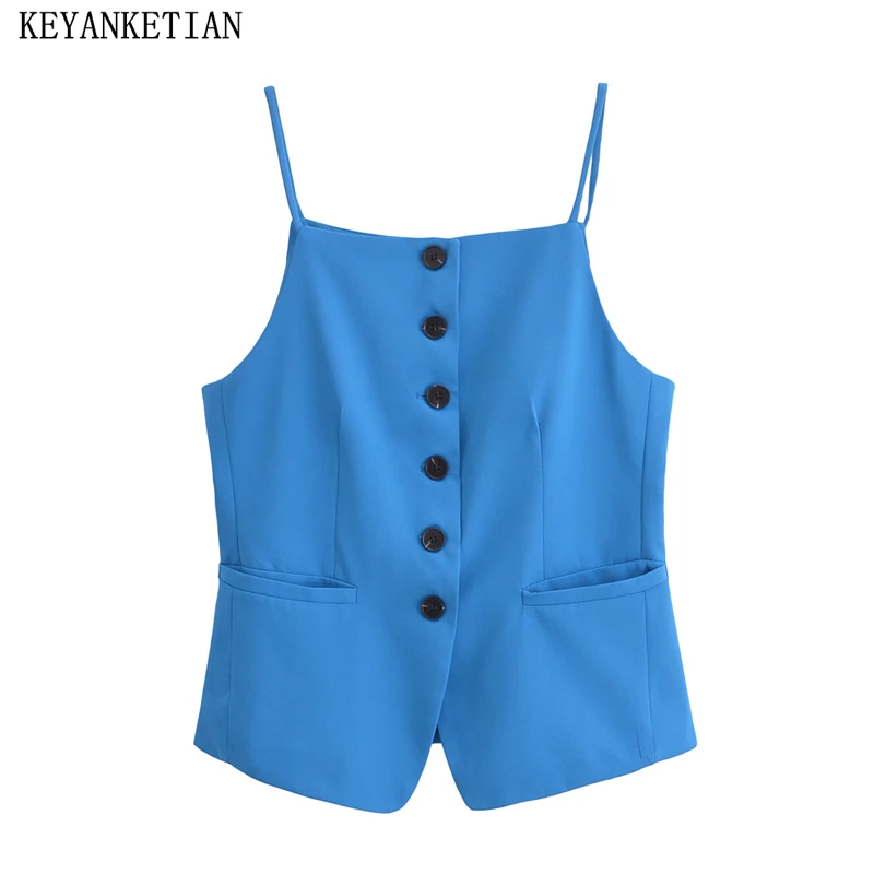 KEYANKETIAN 2024 New Women's Spaghetti Strap Vest Single Breasted Double Pockets Slim Solid color Camisole Sleeveless Crop Tops