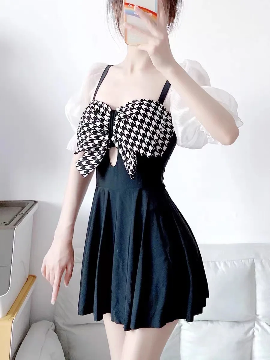 Traje de baño de una pieza con estampado de pata de gallo, traje de baño sexy, estilo coreano, con lazo, Manga corta abullonada, minivestido, culotte, bikini acolchado
