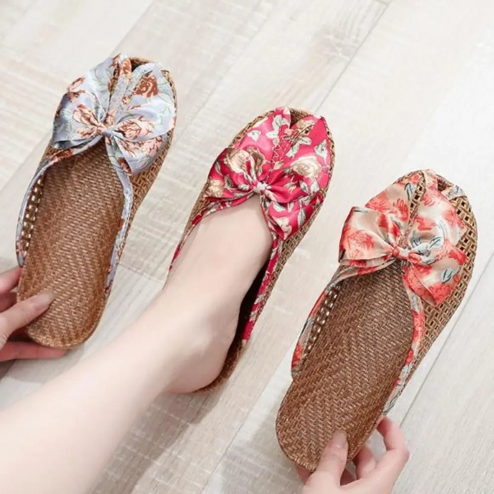 

Sweat Absorption Sweet Bow Linen Slippers Hollow Out Peep-toe Straw Weaving Slippers Non-Slip Shoes Closed-toe Sandals Indoor