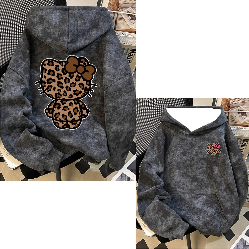 سترة بقلنسوة عصرية جديدة على طراز الشارع الأمريكي الكرتوني للخريف والشتاء وممتعة وطباعة الفهد اللطيفة بطباعة هالو كيتي #5