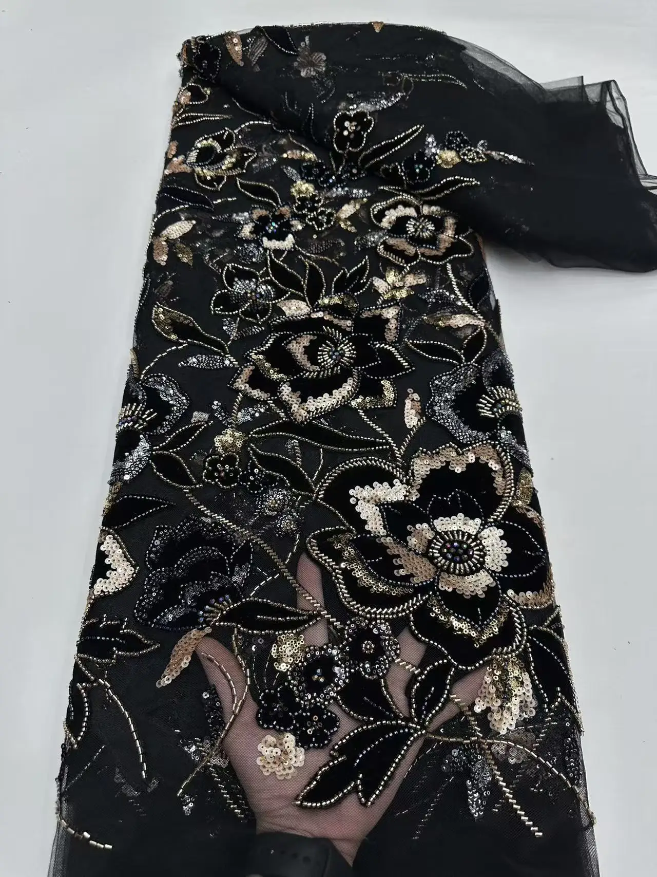 African Handmade Sequins Beaded Lace Fabric Nigerian High Quality Velevt  Pearls Lace Fabric for Bridal Wedding Dresses AH1780