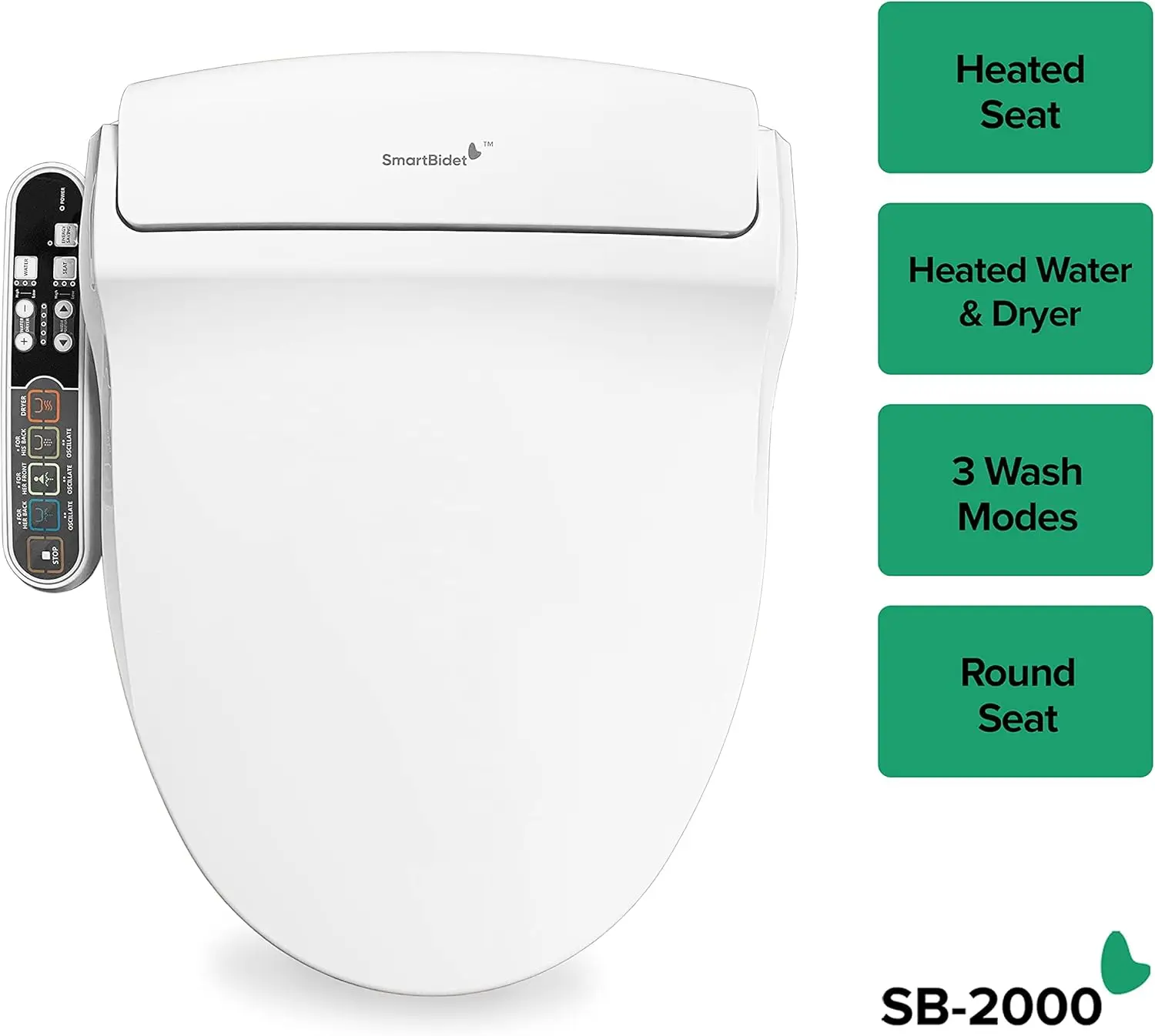 SB-2000 Electric Bidet Seat for Round Toilets - Electronic Heated Toilet Seat with Warm Air Dryer and Temperature