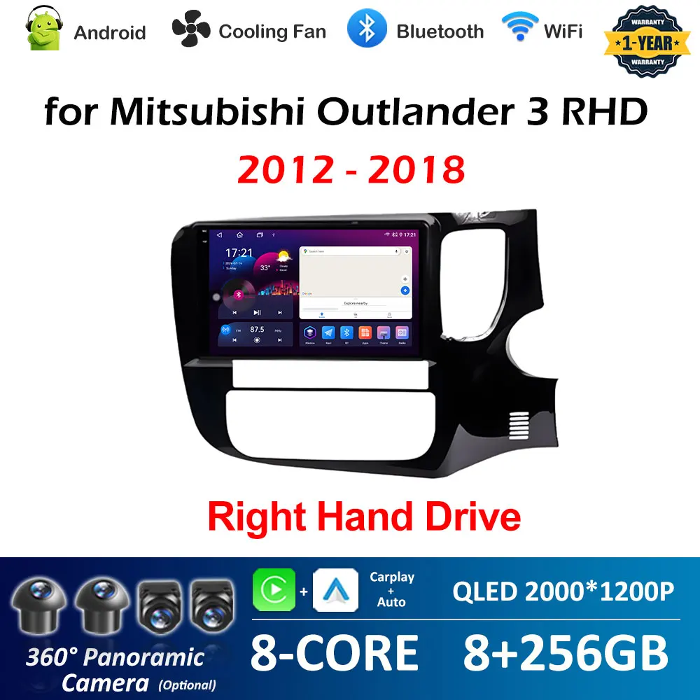 Right Hand Drive GPS Navigation for Mitsubishi Outlander 3 2012 2013 2014 - 2018 Android 14 Wireless Carplay Bluetooth Head Unit