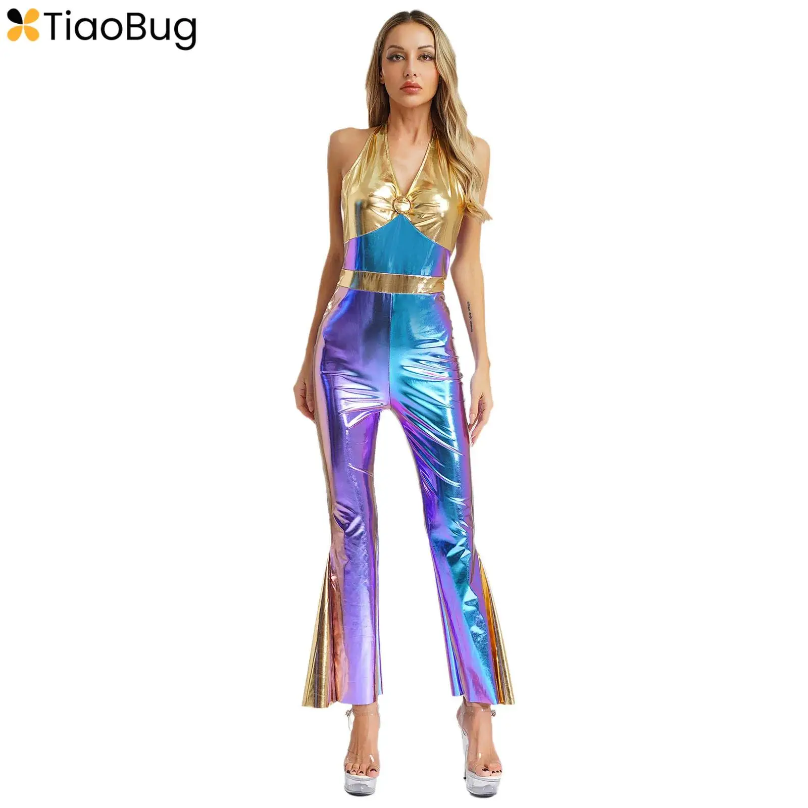 

Women Shiny Metallic 70s 80's Disco Dance Jumpsuit V Neck Halter Sleeveless High Waist Flared Jumpsuit Halloween Party Costume