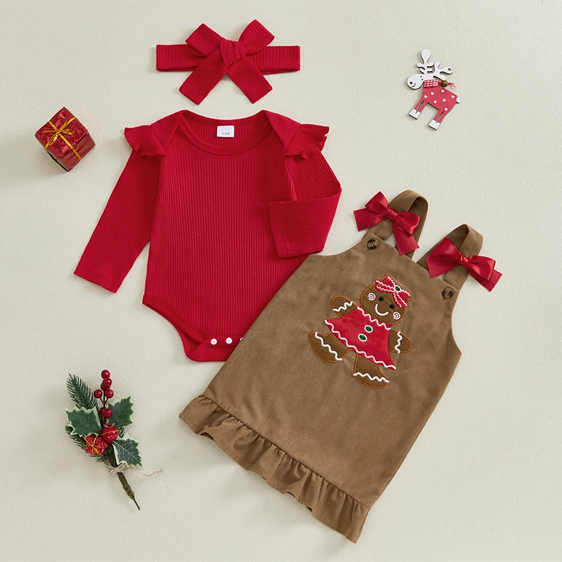 Newborn Baby Girls Clothes Sets Xmas Outfit Long Sleeve Romper Gingerbread Man Dress Headband Costume