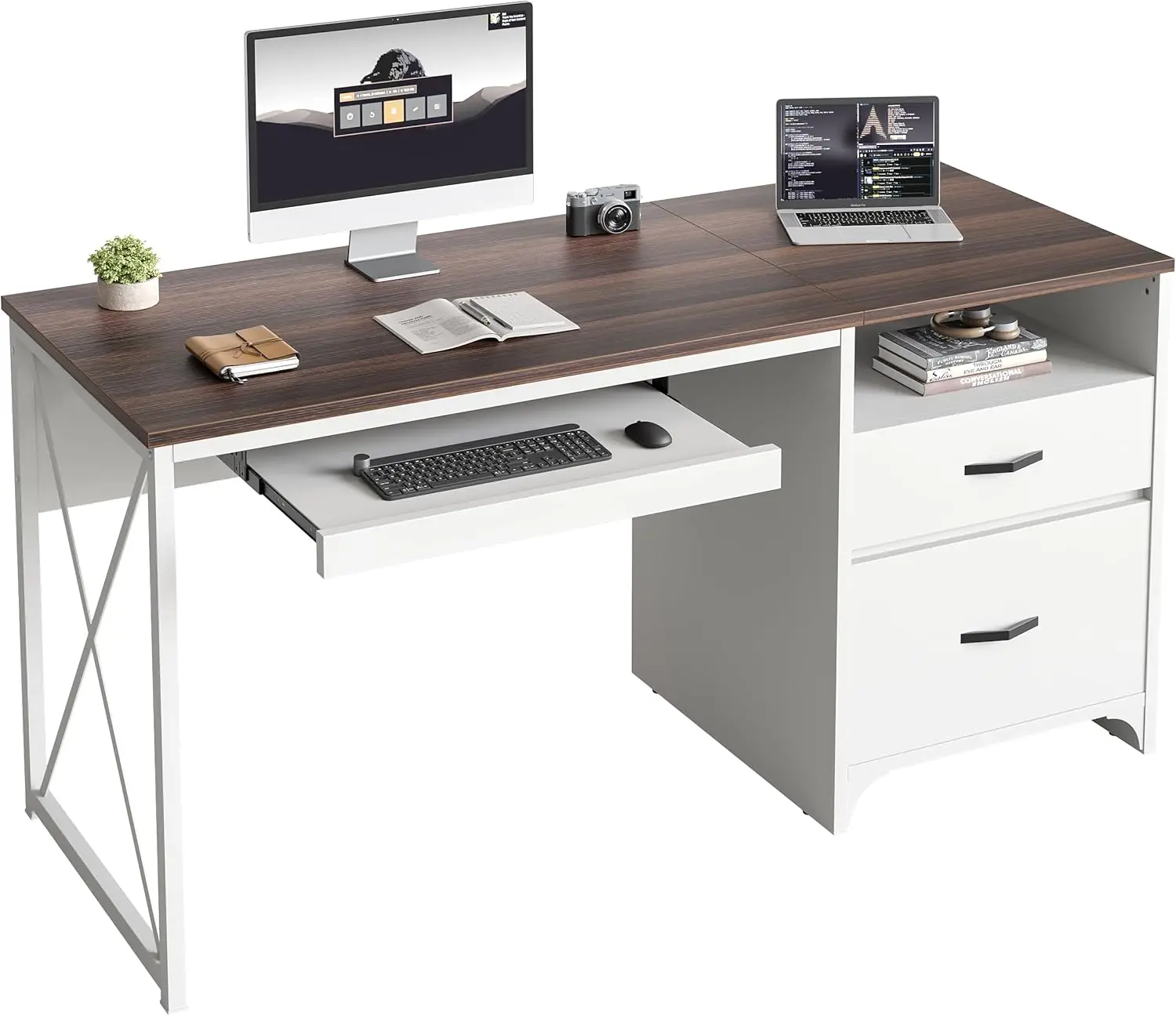 Office Desk with Drawers, 55 inch Industrial Computer Desk with Storage, Wood Teacher Desk with Keyboard Tray & File Drawer