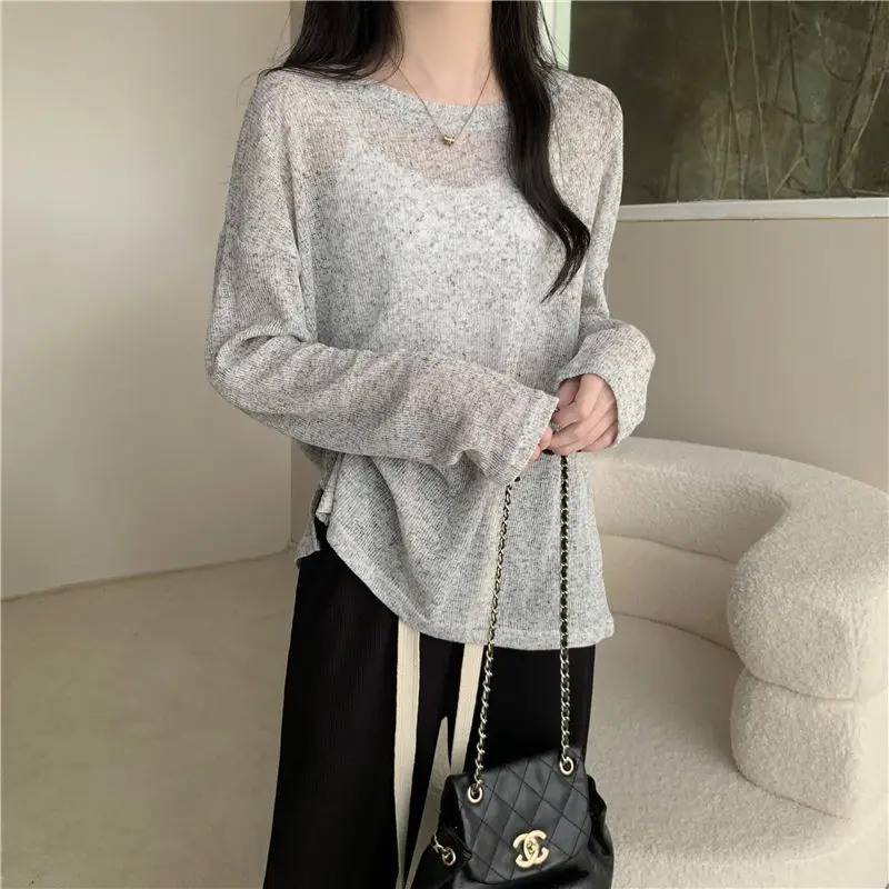 2024 Women\'s Summer New Spliced Pullover Round Neck Fashion Solid Color Loose Minimalist Casual Long Sleeve Knitted T-shirt Tops