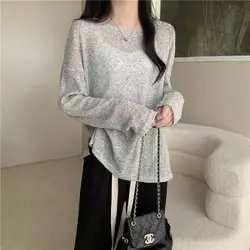 2024 Women's Summer New Spliced Pullover Round Neck Fashion Solid Color Loose Minimalist Casual Long Sleeve Knitted T-shirt Tops