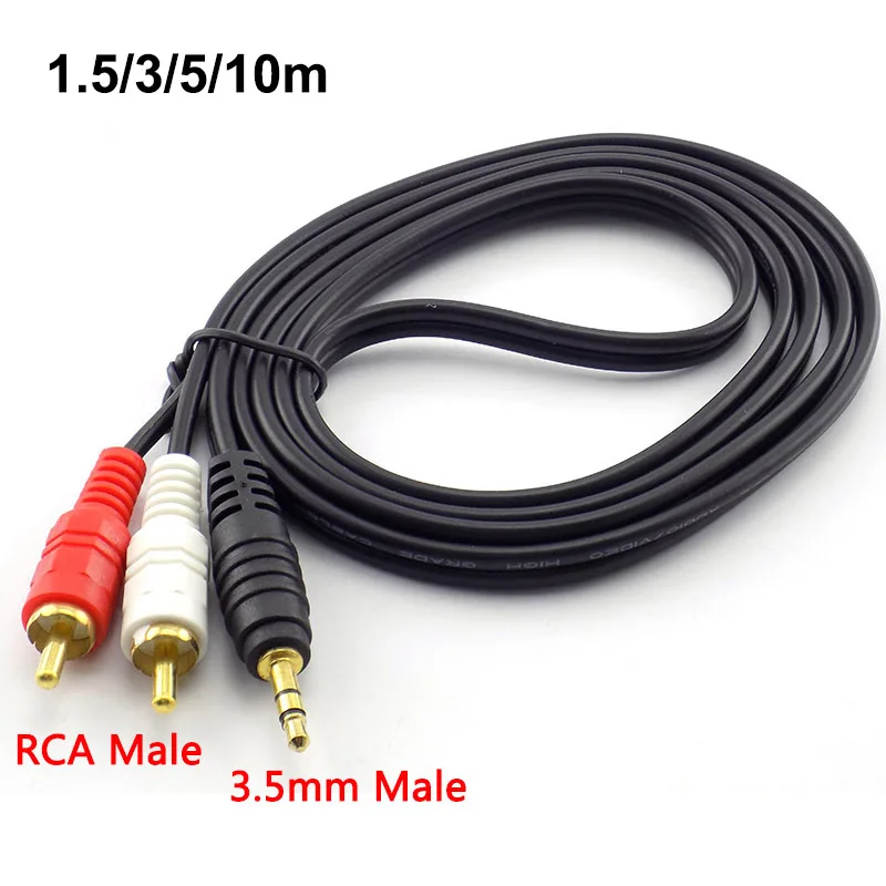 Long Length 1.5m 3m 5m 10M 3.5 MM Male Jack to AV 2 RCA Male connector cable Computer Audio Line for Phones TV Sound Speakers W1