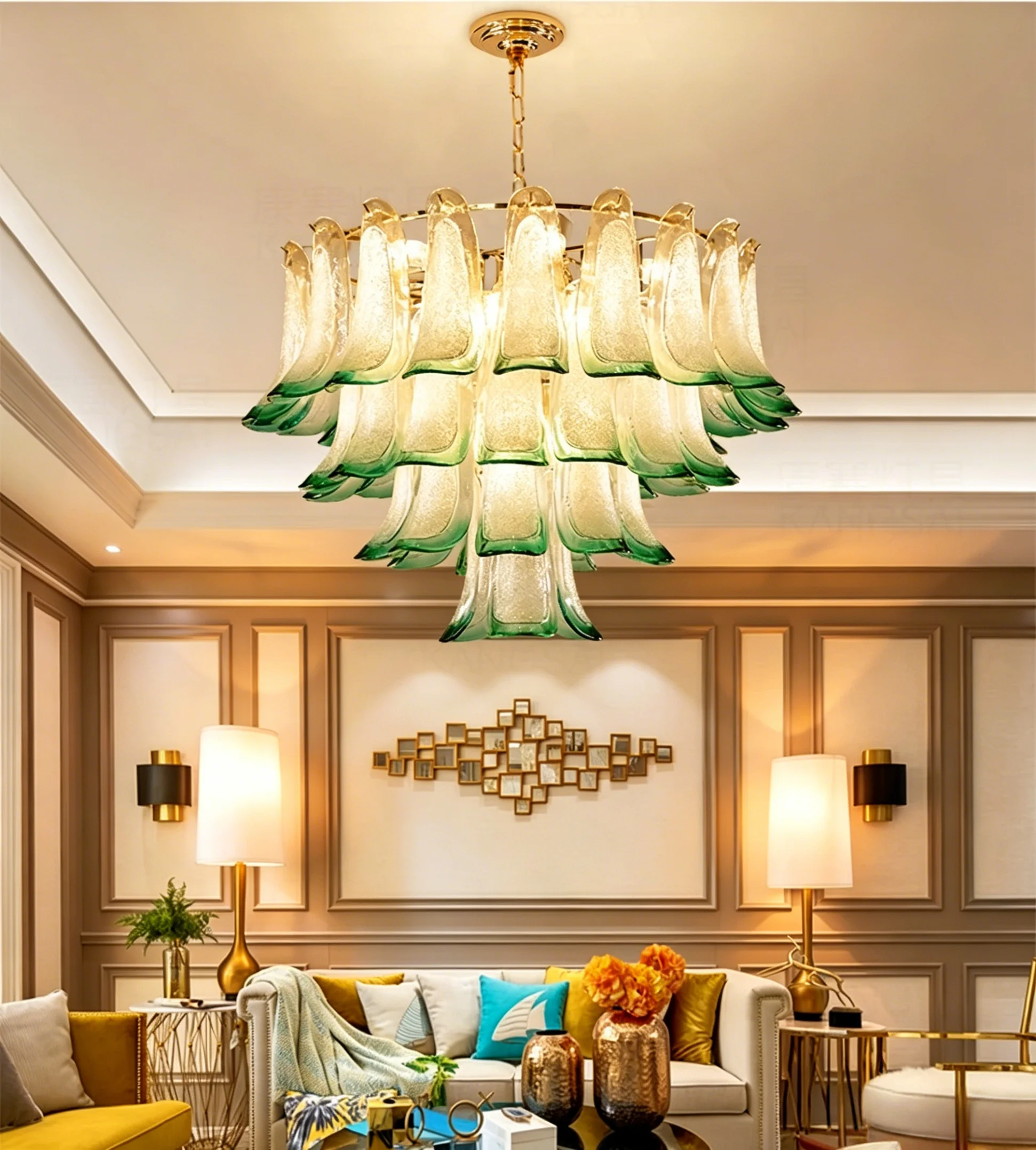 

Living Room Luxury Green Glass Lustre E14 Led Pendant Lights Plate Metal Round Luminaria Chain Hanging Lamp Fixtures