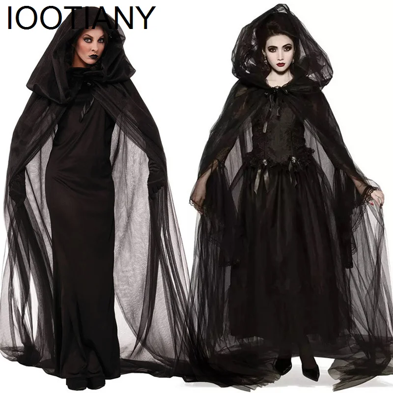 Horror Cosplay Witch Women Scary Zombie Vampire Halloween Carnival Costume Spooky Ghost Medieval Hooded Cape Day of The Dead