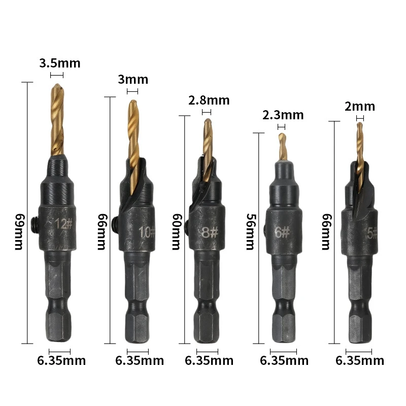 5 Buah Mata Bor Countersunk Pembuka Lubang Gagang Heksagonal Pekerjaan Kayu Tutup Sekrup Chamfering dan Pengeboran Alat Terintegrasi untuk Kayu