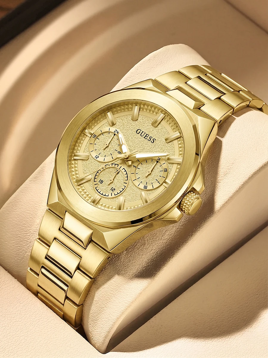 Relojes Redondos GUESS Originales de Lujo en Tono Dorado para Hombre, Acero Inoxidable, Elegantes, Multifunción, Cuarzo, Cronógrafo, Clásicos, de Negocios