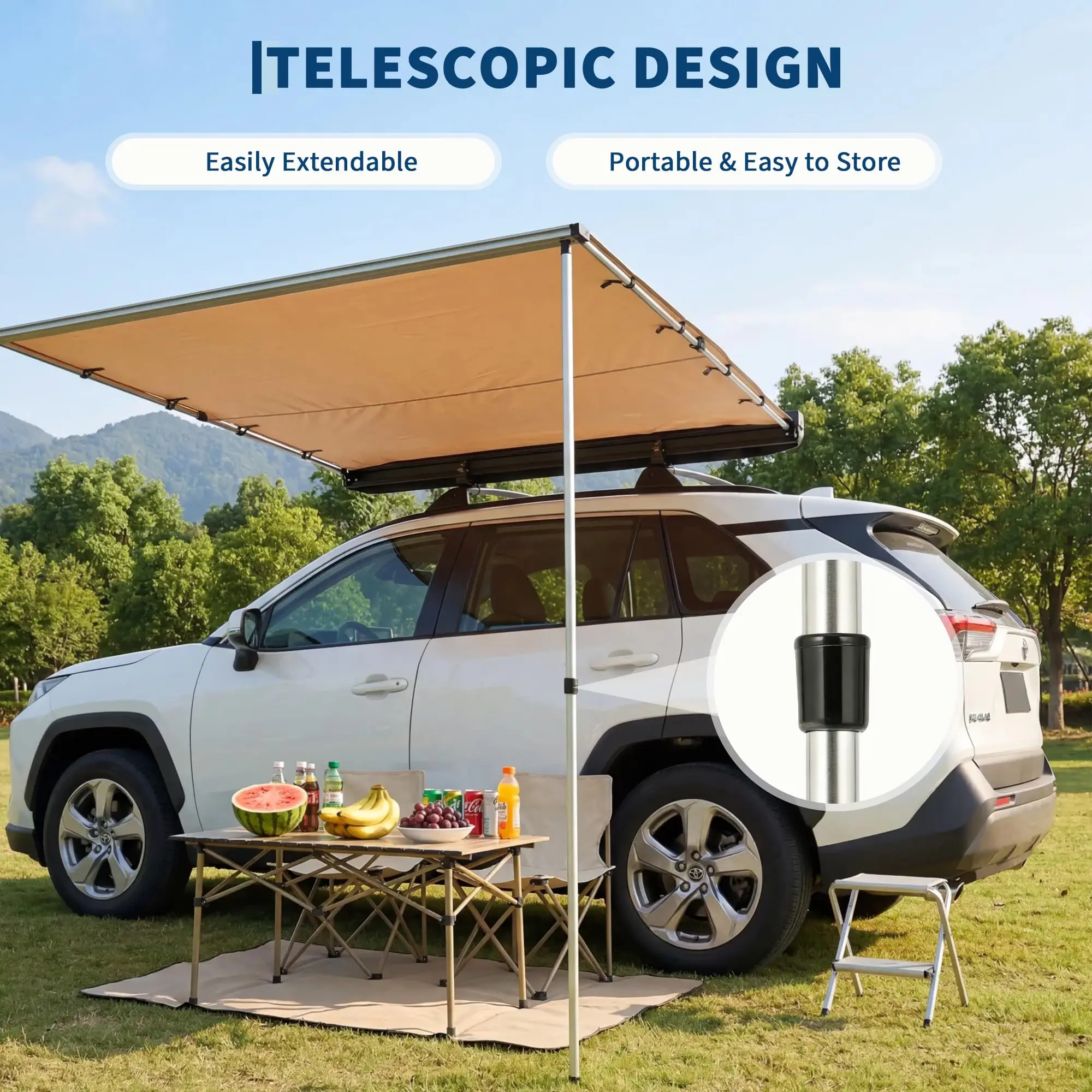 SUV Truck Van Roof Rack Awning - Retractable Side Sun Shade, UV50+ 600D Oxford Waterproof Canopy, Adjustable Aluminum Poles, Outdoor Camping Shelter with Storage Bag view 2