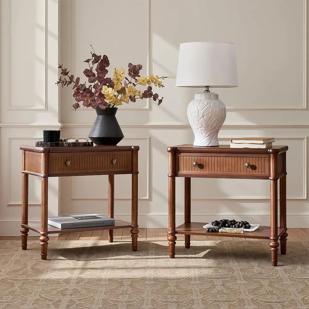 

Wood Nightstand with Charging Station, Traditional End Table with Solid Wood Der and Legs, luted Nightstand or Living Room, Bedr